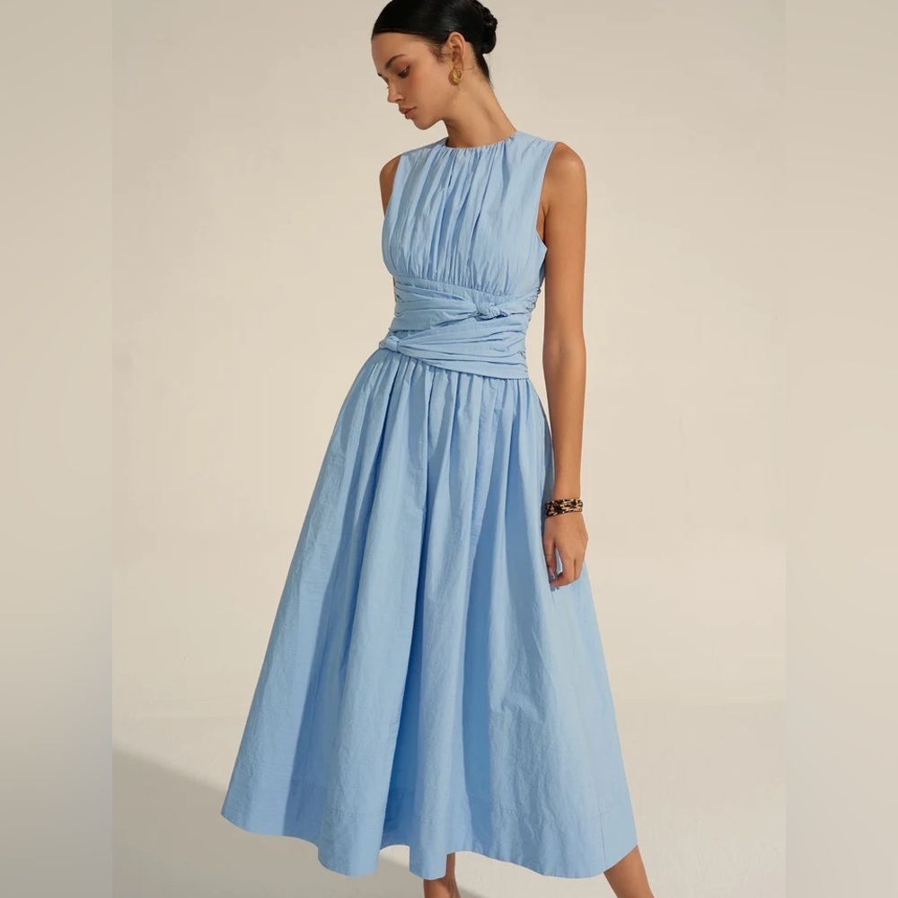 Commense Stylish Light Blue Knot Waist Midi Dress